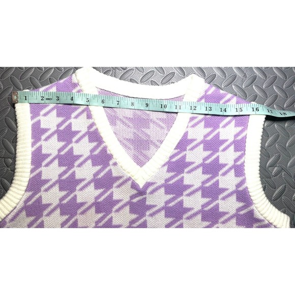 Sasha V Neck Houndstooth Pattern Lilac Sweater Preppy acrylic crop Vest Y2K Sz L - Picture 4 of 9